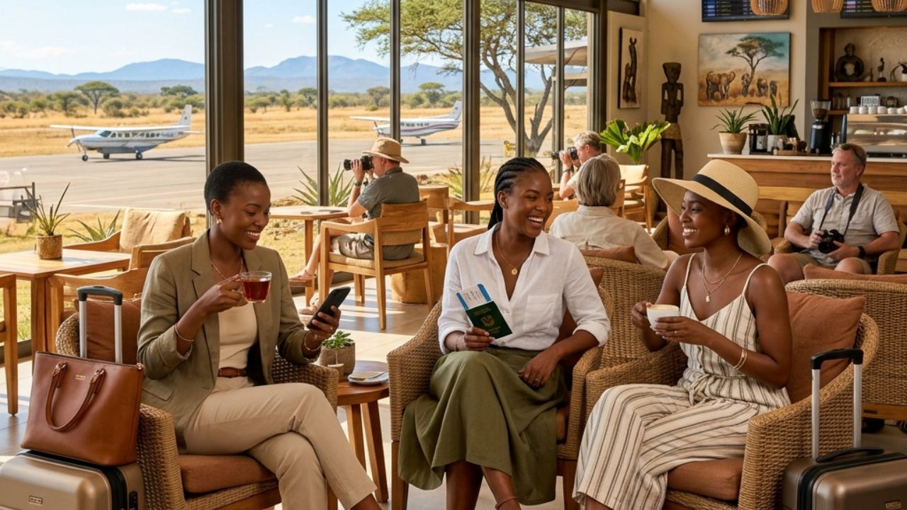 A highly luxurious and serene interior view of the new Baobab Lounge at Hoedspruit Eastgate Airport, designed to shield safari travelers from terminal congestion