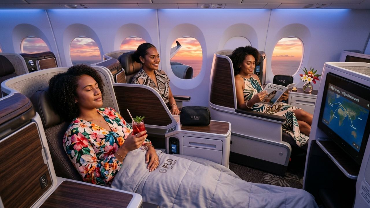 A luxurious airplane Business Class cabin illuminated by gentle ambient light representing aviation updates