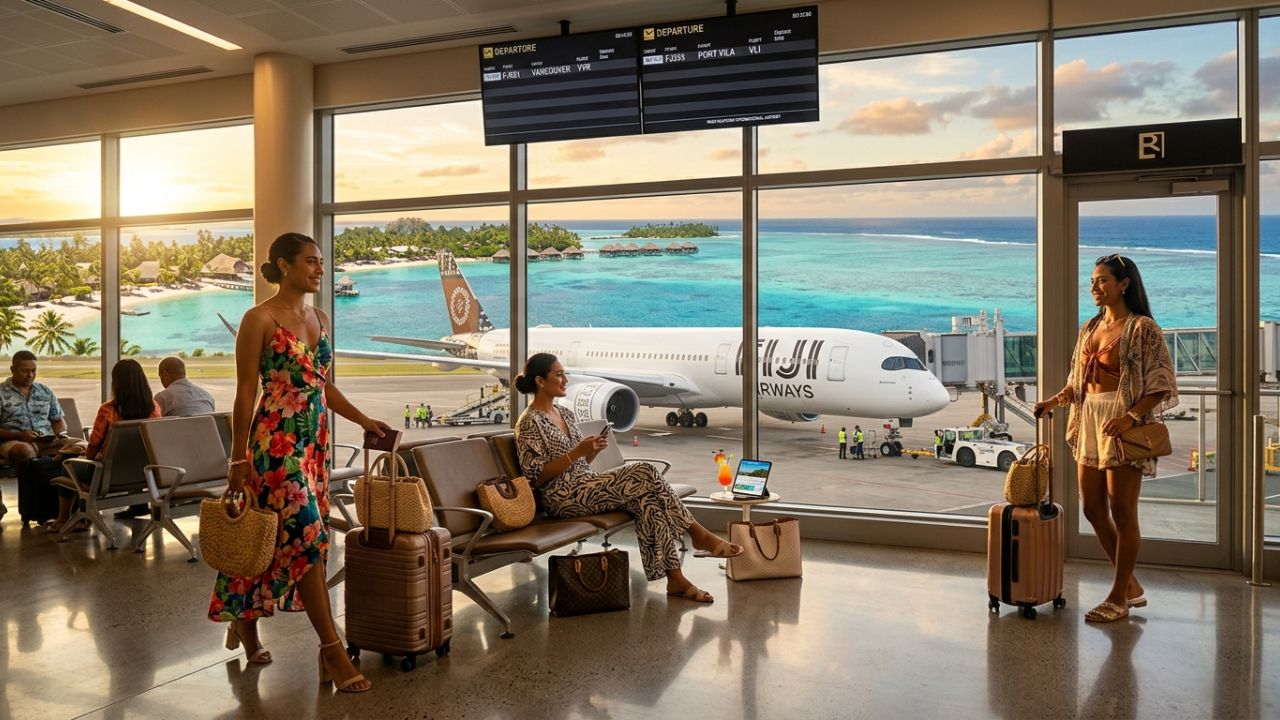 A Fiji Airways jet flying over the lush volcanic islands and turquoise waters of Vanuatu