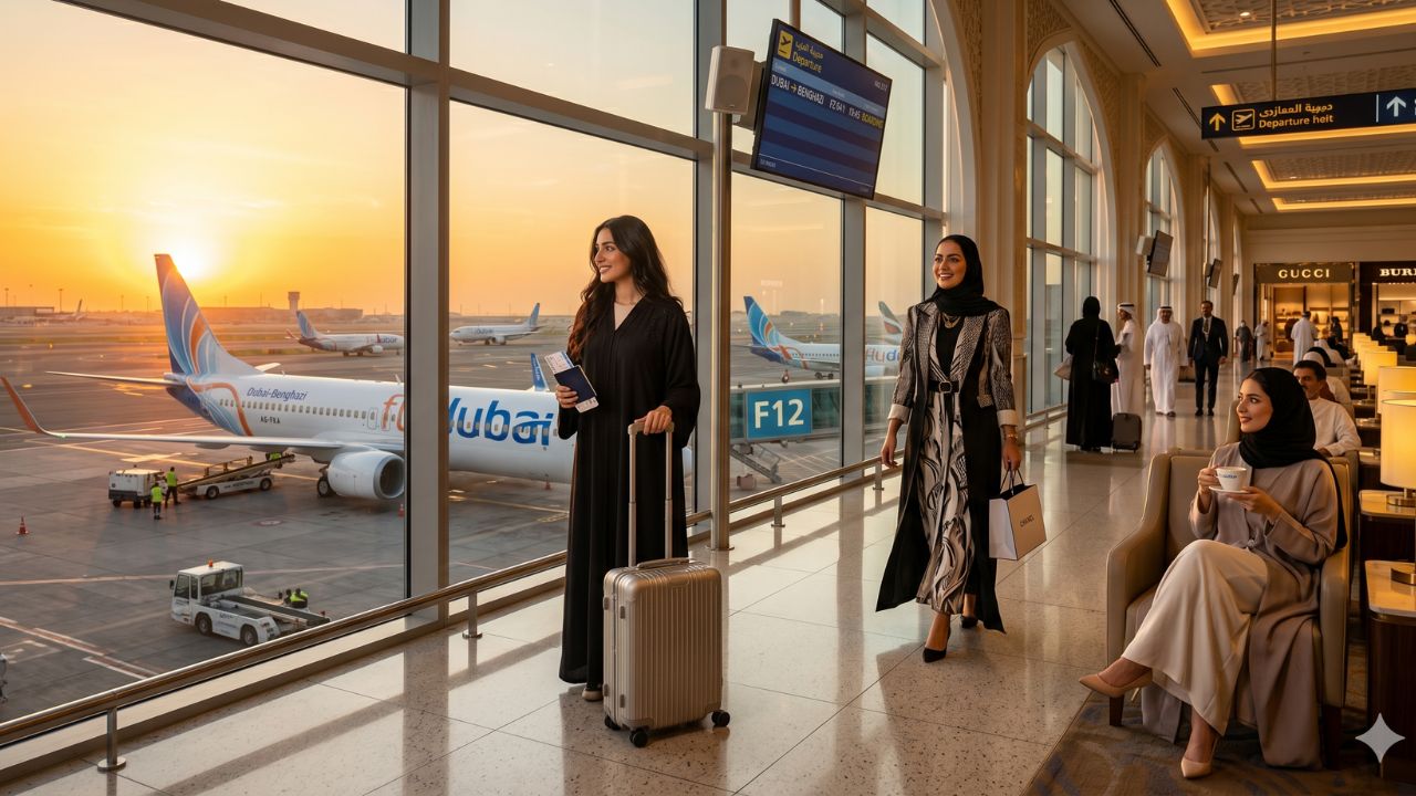 Modern flydubai commercial passenger aircraft taxiing on the tarmac under bright blue skies