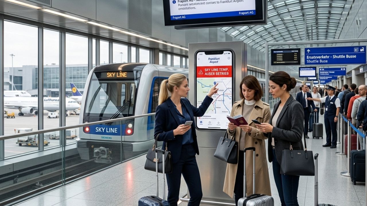 A highly chaotic scene outside Frankfurt Airport Terminal 3 showing massive crowds of stranded passengers boarding emergency shuttle buses following the sudden suspension of the Sky Line train