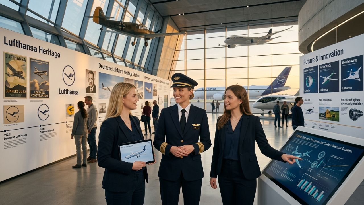 A highly advanced Lufthansa short-haul aircraft soaring above the German landscape, successfully preventing travel chaos while bypassing the heavily delayed Deutsche Bahn high-speed rail network below