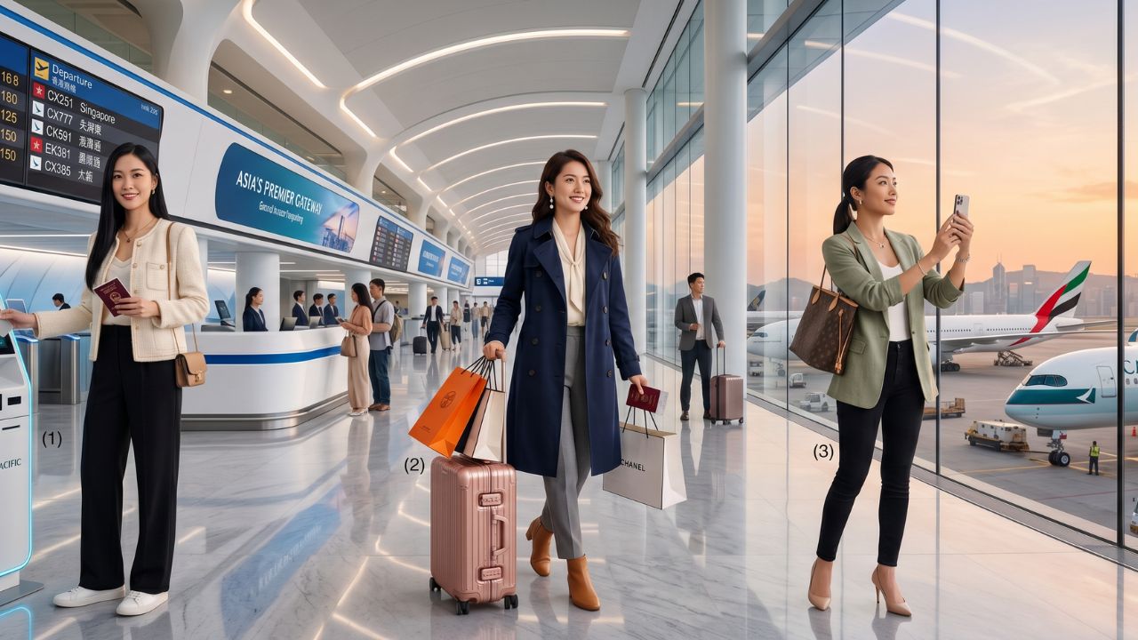 A highly congested departures hall at Hong Kong International Airport Terminal 2 filled with stranded passengers reacting to massive flight cancellations and severe travel chaos on the departure boards