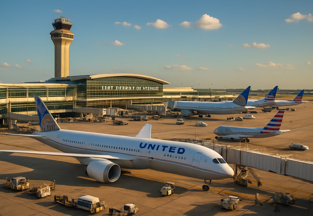 A wide, dramatic shot of the modern facade of George Bush Intercontinental Airport (IAH) in Houston, with a fleet of United Airlines aircraft visible at the gates through the glass, while a digital airport status monitor in the foreground shows a long list of delayed flights to Los Angeles and Chicago in bright red text