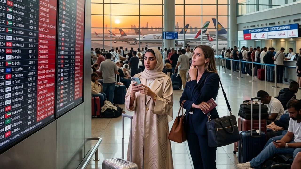 A highly dramatic digital map showing thousands of commercial aircraft actively rerouting away from the Middle East to avoid escalating geopolitical conflict