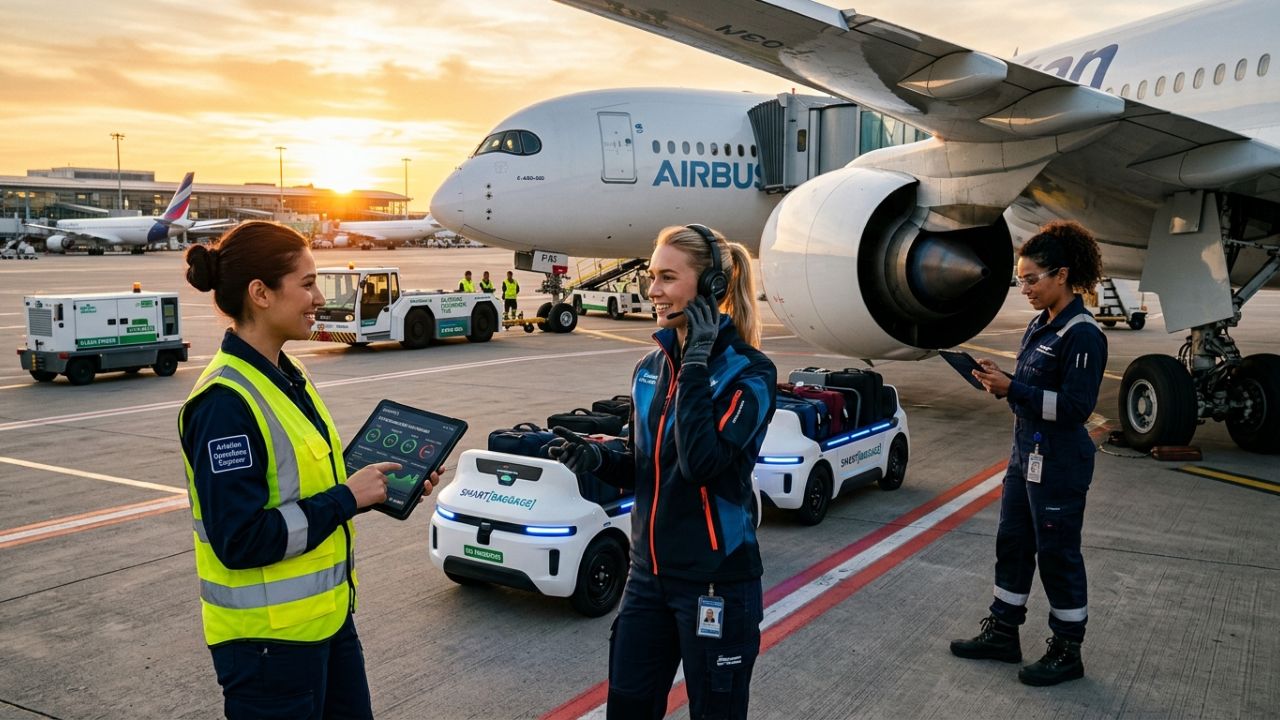 Ground handling crew maneuvering advanced electric equipment around a commercial aircraft to prevent travel chaos