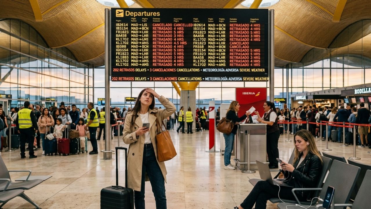 A highly congested Adolfo Suárez Madrid-Barajas Airport terminal experiencing severe passenger bottlenecks and massive travel chaos due to widespread flight cancellations