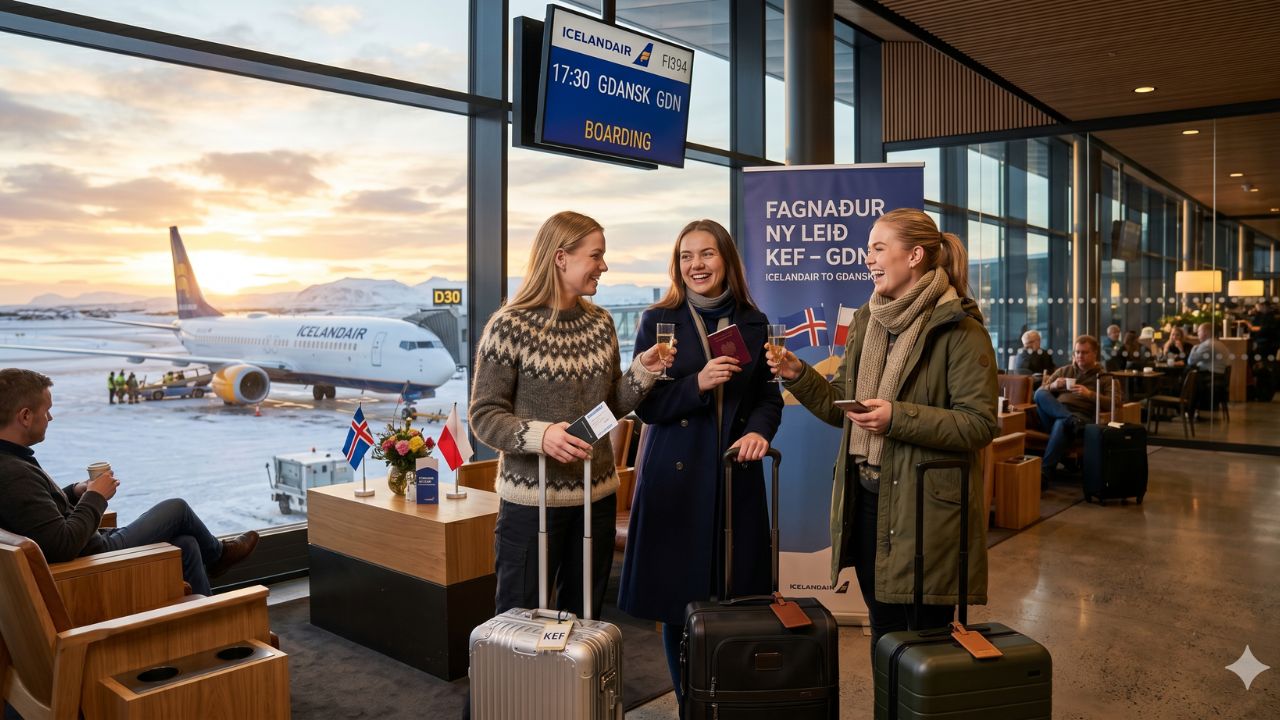 A highly advanced Icelandair Boeing 737 MAX 8 soaring through clear skies, successfully avoiding severe airport disruptions and flight cancellations while operating the new Keflavík to Gdansk route