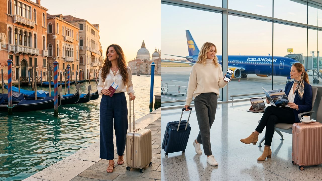 An Icelandair Boeing 737-MAX8 flying smoothly over the canals of Venice, bypassing the massive travel chaos typically associated with congested European transit hubs