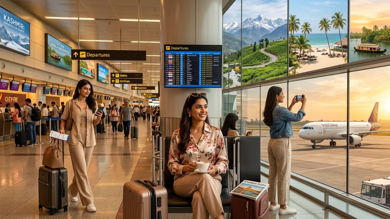 A vibrant Indian airport terminal bustling with domestic summer travelers alongside a packed departure board