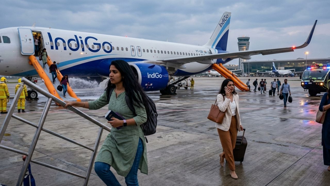 A highly coordinated IndiGo emergency evacuation at Bengaluru Airport, physically shielding passengers from potential disaster during sudden travel chaos