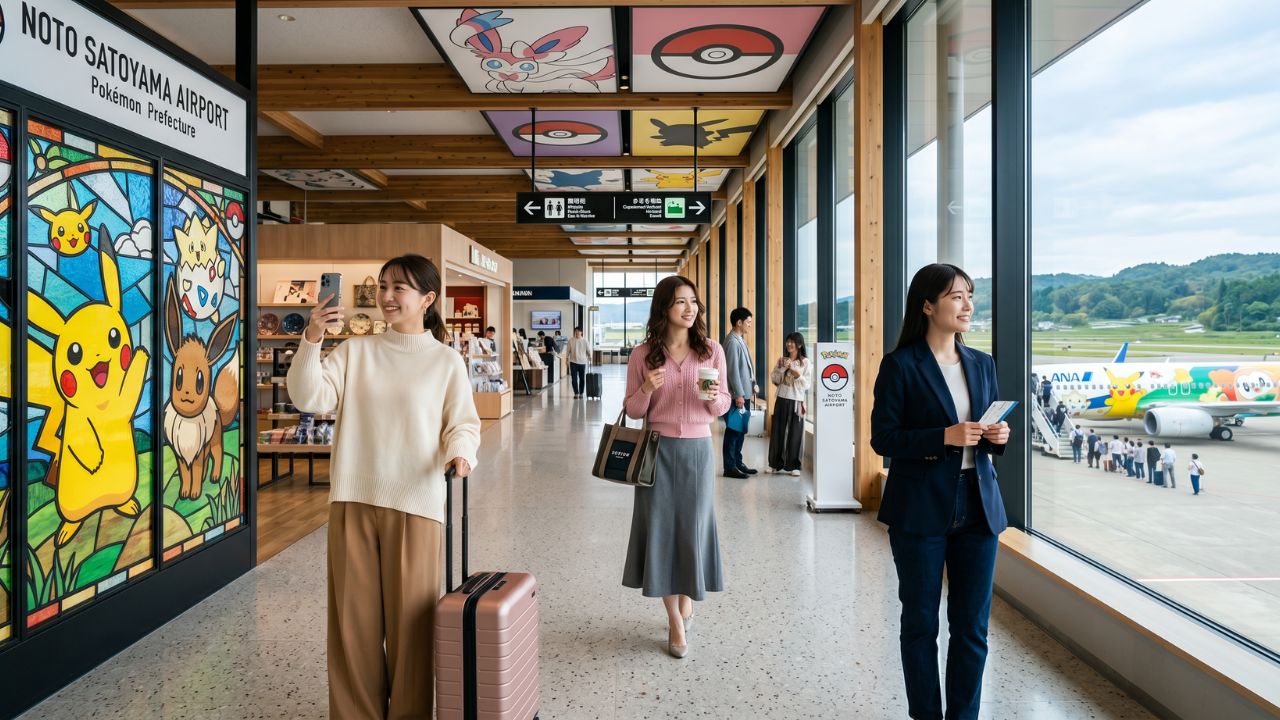 A modern airport terminal in Japan featuring colorful Pokémon characters and interactive installations designed to attract global tourism