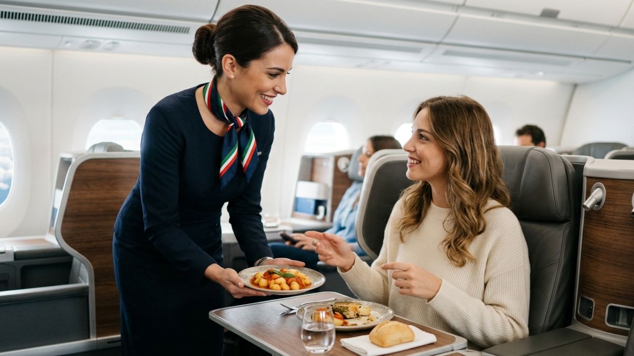 A luxurious ITA Airways Business Class cabin showcasing premium Italian dining, operating seamlessly above the chaos of congested European transit hubs