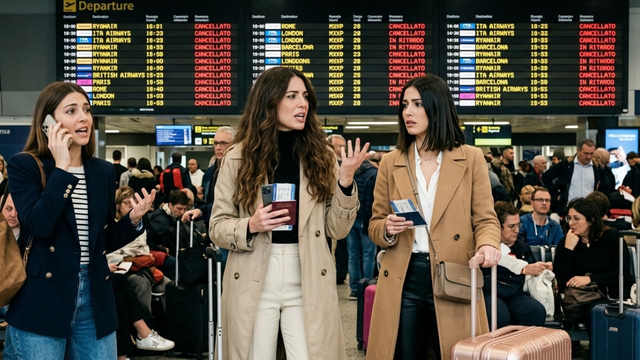 Thousands of frustrated passengers crowding the departure boards at Milan Malpensa Airport amidst widespread Ryanair and easyJet flight cancellations