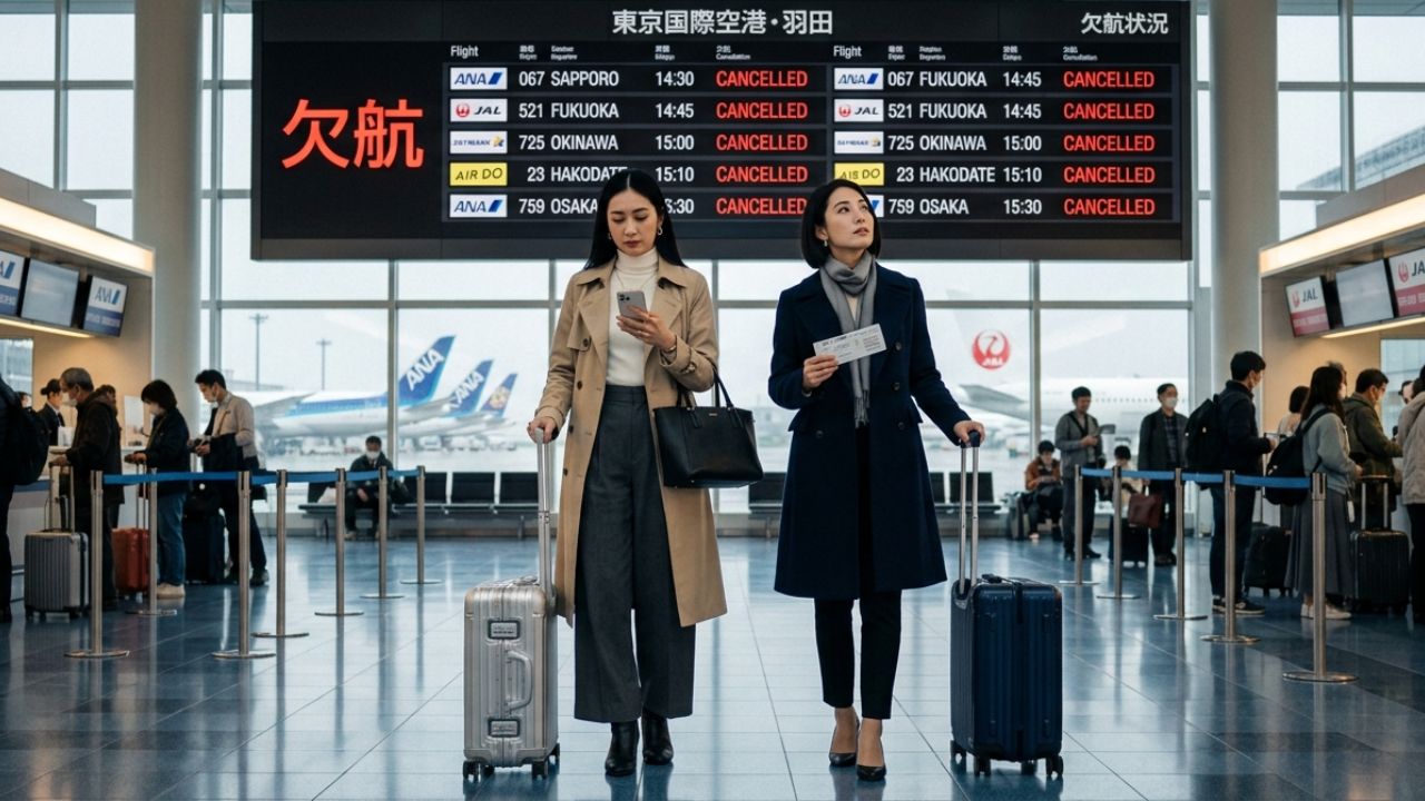 Thousands of frustrated passengers crowding the departure boards at Tokyo Haneda Airport amidst widespread All Nippon Airways and Japan Airlines flight cancellations