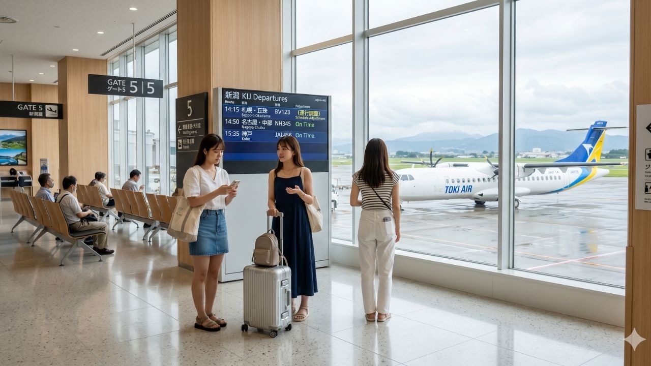A highly chaotic scene at a Japanese regional airport showing massive crowds of desperate passengers stranded by severe Toki Air flight cancellations as they attempt to travel from Niigata to Sapporo