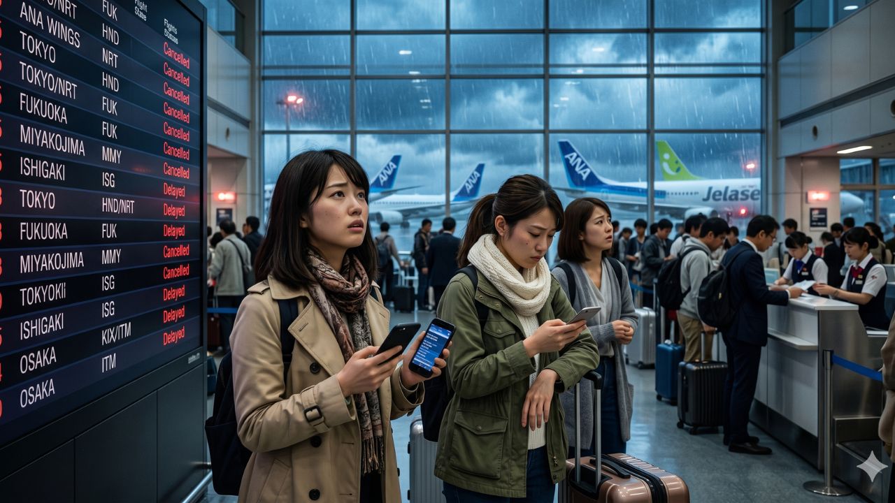 A highly chaotic scene at a massive Japanese airport showing massive crowds of desperate passengers stranded by severe typhoon flight cancellations and cascading delays across Tokyo and Naha