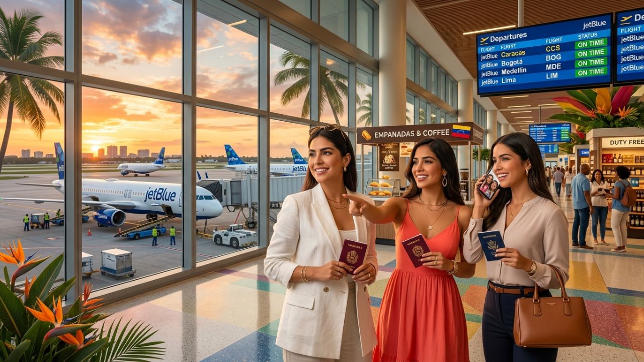 A highly dynamic scene at Fort Lauderdale-Hollywood International Airport showing a massive JetBlue aircraft preparing for departure to Caracas amidst ongoing regional travel chaos and terminal disruptions
