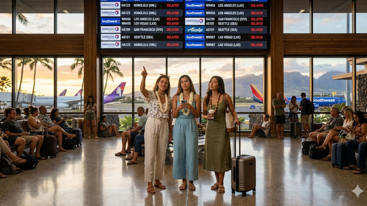 Kahului Airport Maui Hit by 21 Flight Delays and 2 Cancellations to Honolulu, Los Angeles, and Seattle: Hawaiian, Southwest, and United Battle Mid-Pacific Airspace Disruptions
