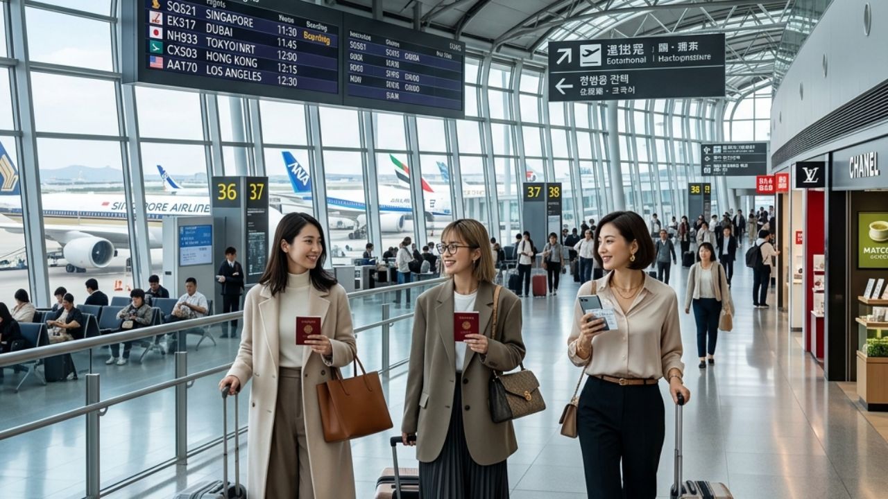 A highly modernized international departure hall inside Japan's Kansai Airport, offering millions of tourists a frictionless travel experience completely free from the travel chaos affecting older, congested Asian hubs