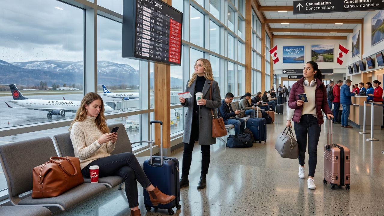 A highly congested terminal at Kelowna International Airport filled with stranded travelers viewing a departure board displaying Air Canada and Pacific Coastal flight cancellations