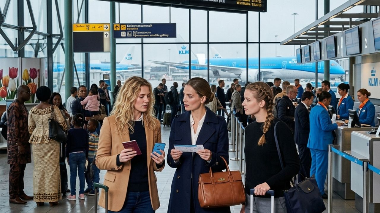 A highly chaotic scene inside Amsterdam Airport Schiphol showing massive crowds of stranded KLM passengers attempting to rebook flights following severe terminal gridlock and cancellations