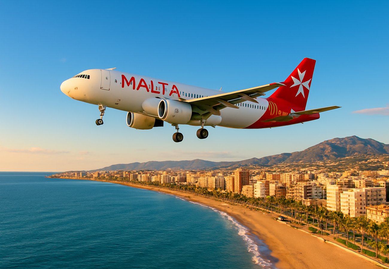 Commercial airplane flying through cloudy Mediterranean sky operated by KM Malta Airlines