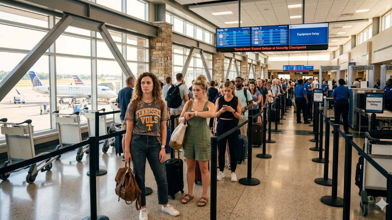 A highly chaotic scene at McGhee Tyson Airport in Knoxville showing massive crowds of desperate passengers stranded by severe TSA security checkpoint failures and cascading terminal delays