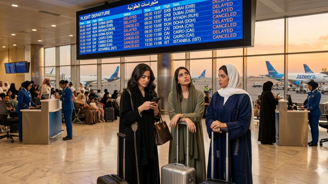 Kuwait International Airport Navigates 13 Flight Delays and 7 Cancellations to Dubai, Riyadh, and Cairo: Kuwait Airways, Jazeera Airways, and Qatar Airways Manage Airspace Security Flow Controls