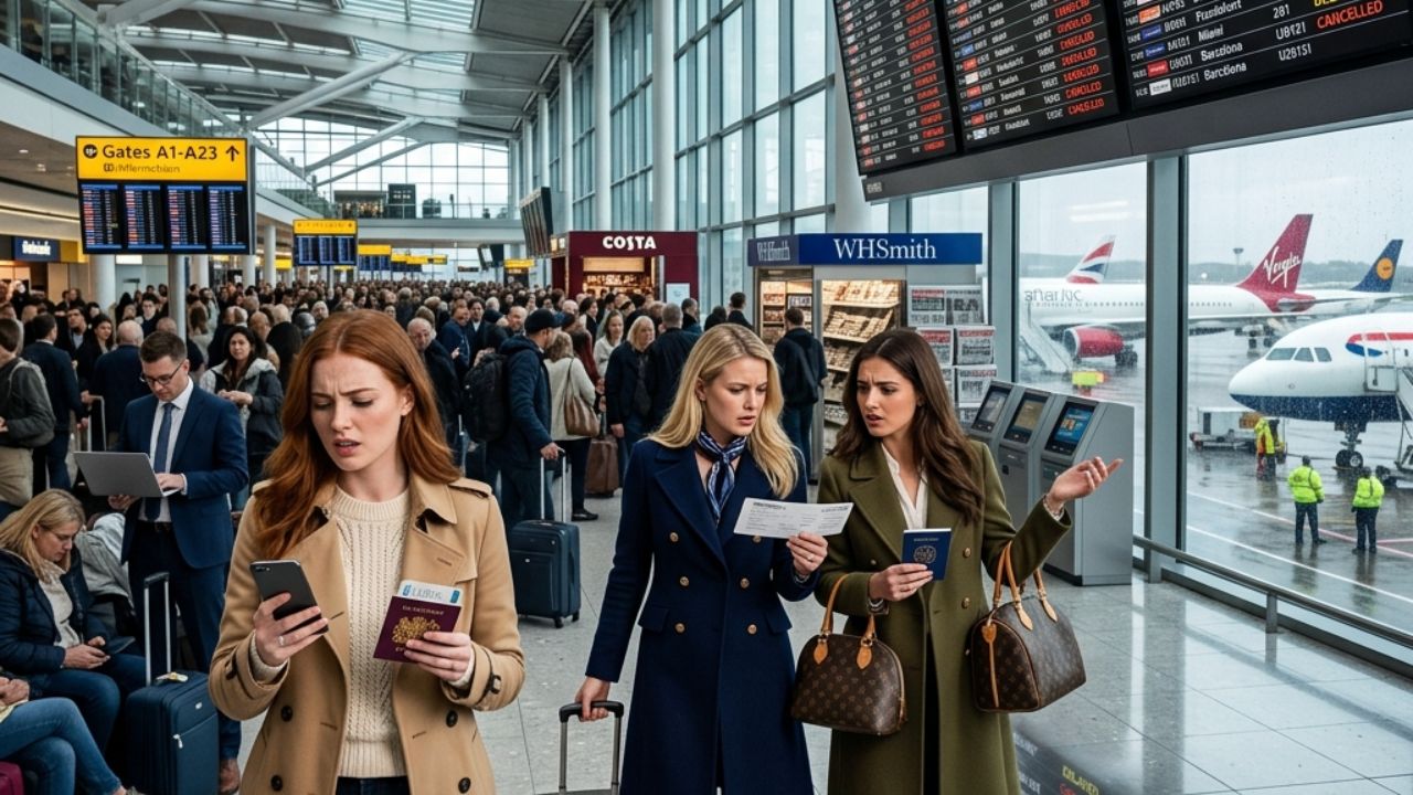 A highly chaotic scene inside London Heathrow Airport showing massive crowds of stranded passengers staring at a sea of red cancelled flight statuses following severe operational groundings