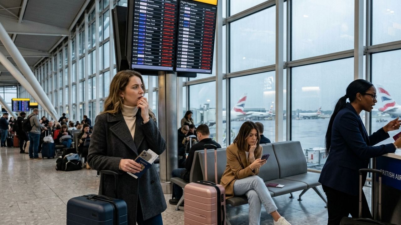 A highly congested London Heathrow Airport terminal experiencing severe passenger bottlenecks and massive travel chaos due to widespread flight cancellations