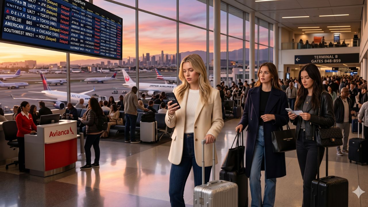 A highly chaotic scene at Los Angeles International Airport showing massive crowds of desperate passengers stranded by severe flight delays and cascading terminal disruptions
