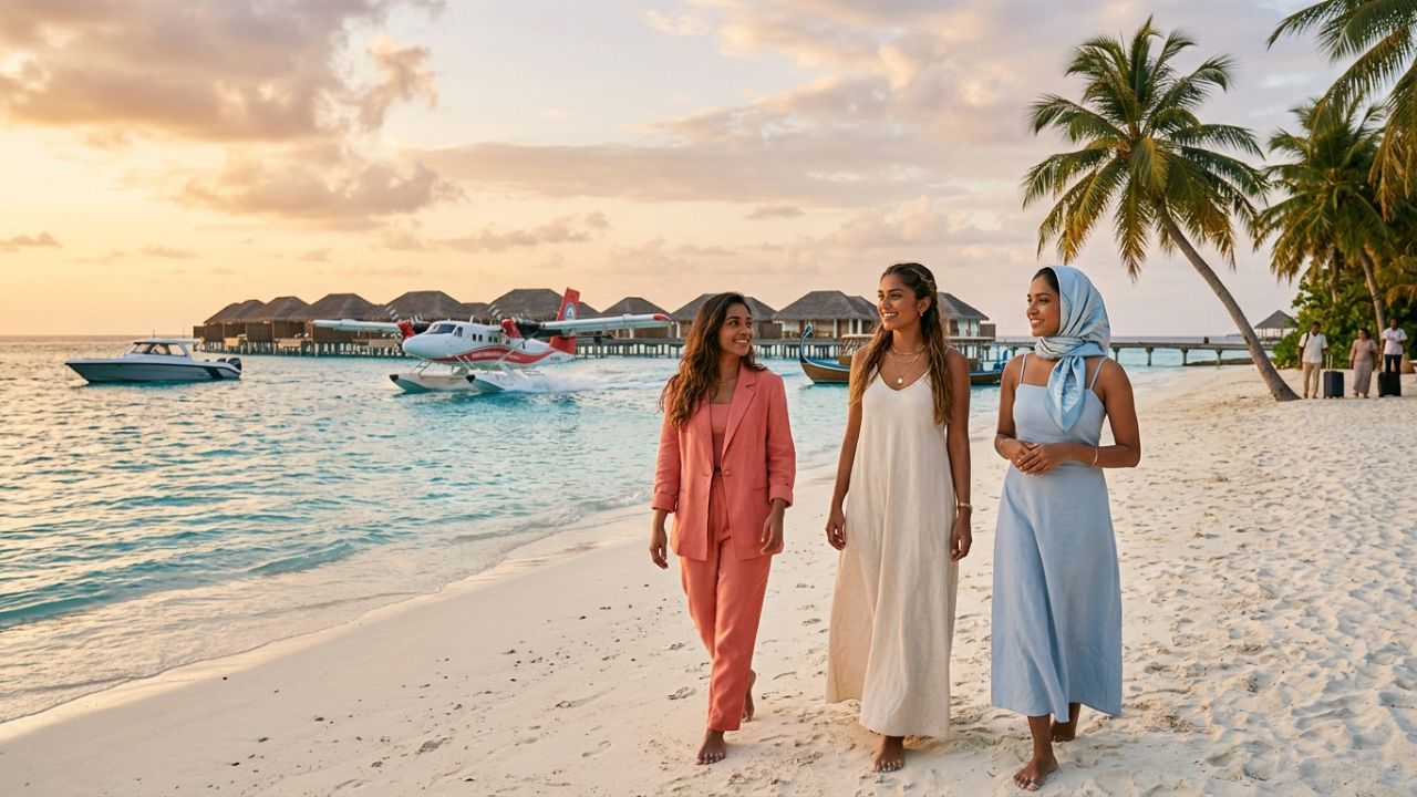 A highly resilient Maldives luxury resort receiving international guests despite the massive, ongoing global travel chaos and severe flight cancellations affecting major Middle Eastern transit hubs