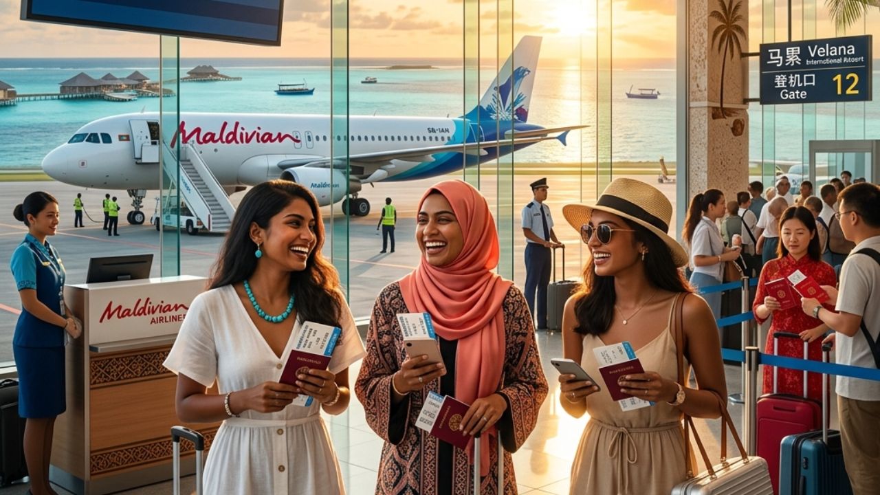 A pristine Maldivian Airlines aircraft taking off from Malé, offering tourists a direct escape to China away from the travel chaos affecting other major Asian transit hubs