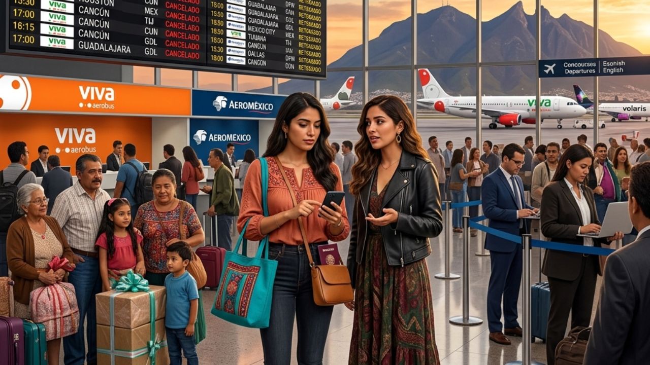 A highly chaotic scene inside Monterrey International Airport showing stranded Viva Aerobus passengers attempting to rebook their flights after sudden cancellations severed routes to Texas