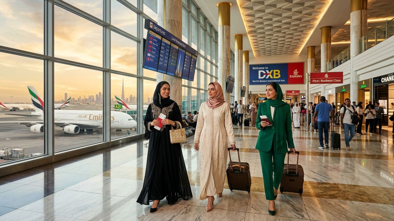 A highly dramatic scene showing massive flight cancellations on a departure board at Dubai International Airport as the geopolitical conflict generates severe travel chaos across the Middle East