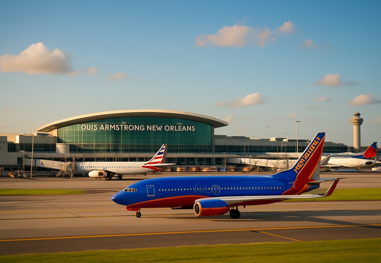 A clean, eye-level shot of the modern terminal exterior of Louis Armstrong New Orleans International Airport (MSY), with a clear sky in the background and a line of Southwest and Delta aircraft parked at the gates, while a digital airport status monitor in the foreground displays 'DELAYED' and 'CANCELLED' in bright red and amber text for flights to Dallas and Orlando