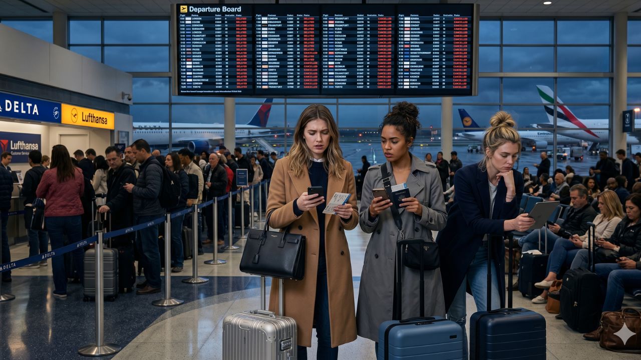 A highly chaotic scene at New York JFK International Airport showing massive crowds of desperate passengers stranded by severe flight cancellations and cascading delays across the global network