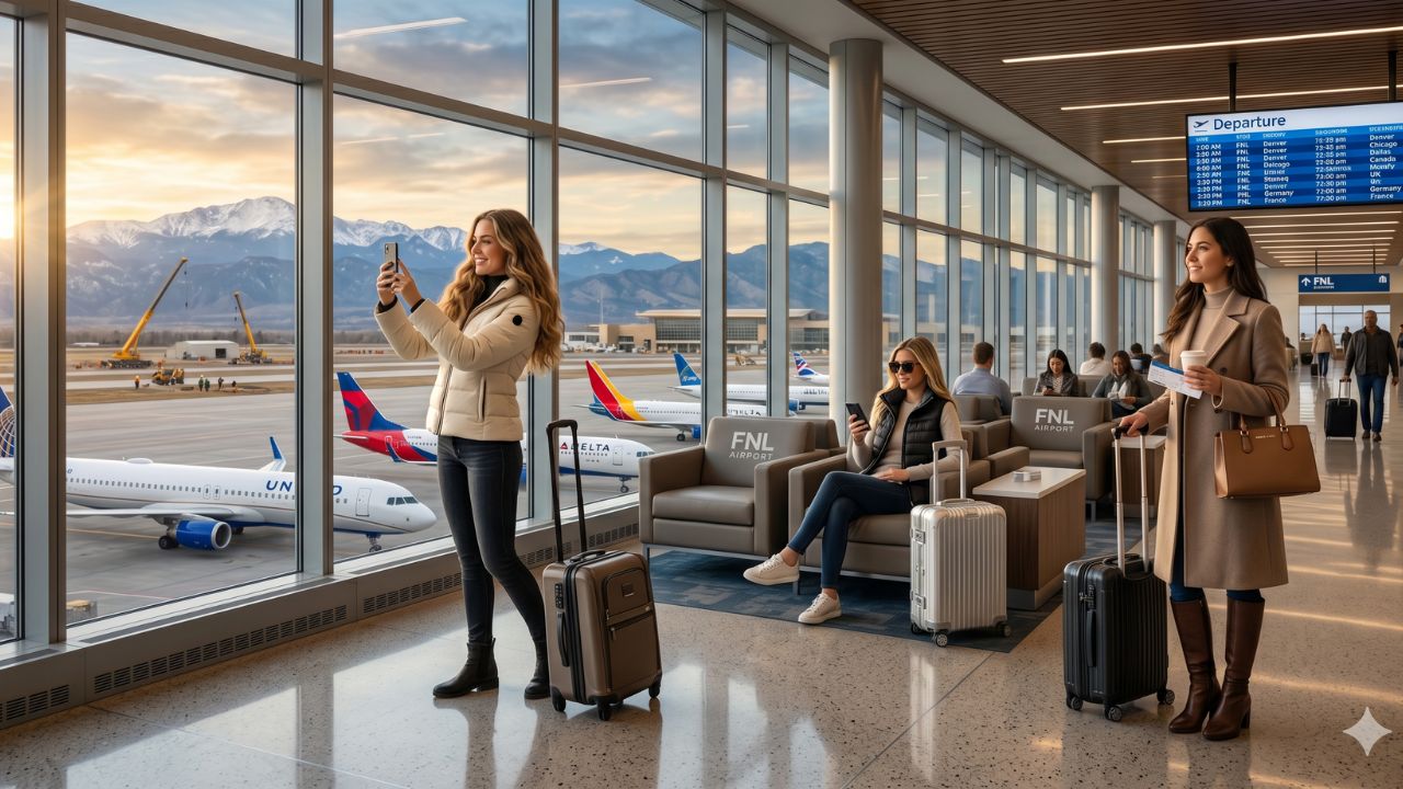 A commercial jet parked at an upgraded airport terminal against a stunning mountain backdrop in Northern Colorado.