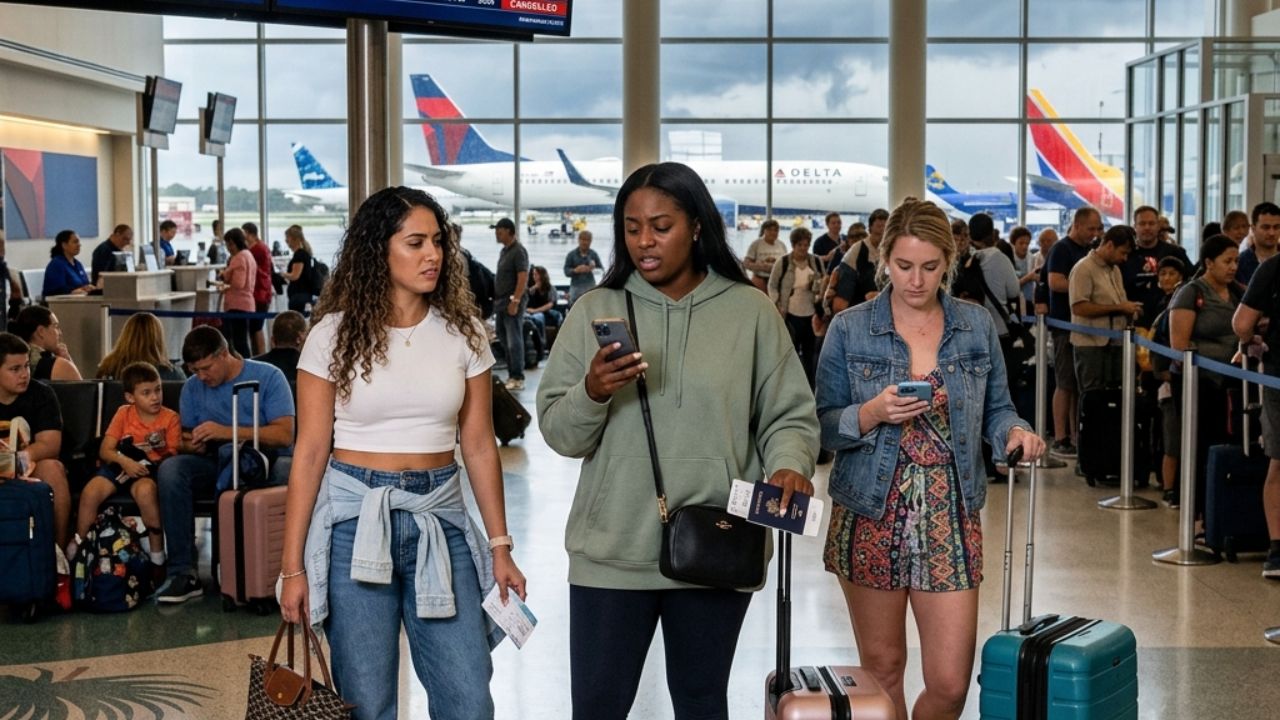 A highly chaotic scene inside Orlando International Airport showing hundreds of stranded passengers waiting beneath a massive digital departure board displaying severe flight delays