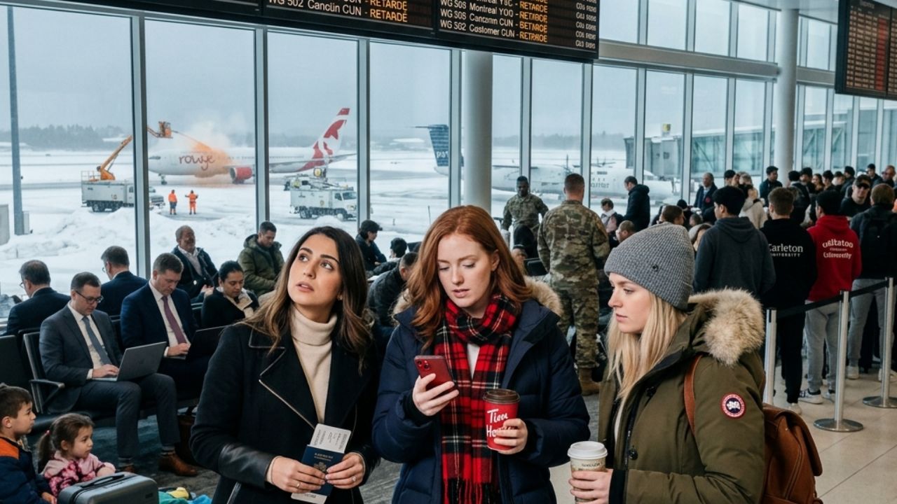A highly chaotic scene inside Ottawa Macdonald-Cartier International Airport showing frustrated passengers waiting near departure gates following sudden flight cancellations by Air Canada and Porter Airlines