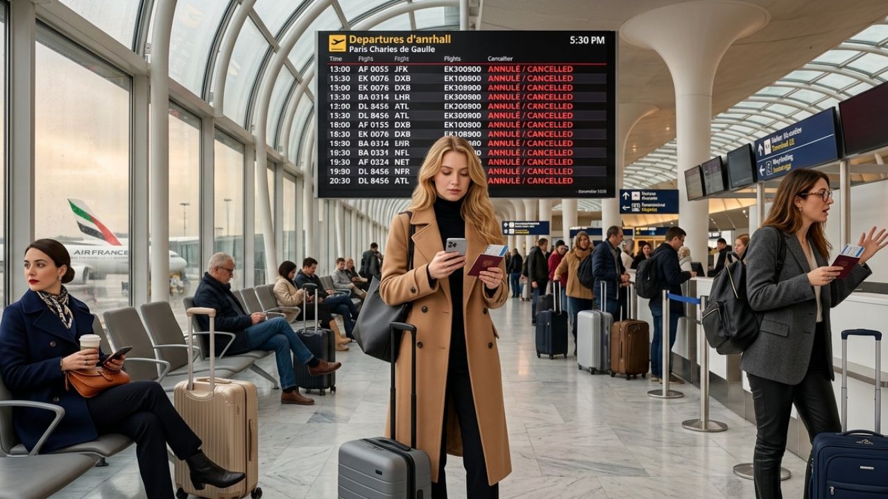 A highly congested Paris Charles de Gaulle Airport terminal experiencing severe passenger bottlenecks and massive travel chaos due to widespread flight cancellations