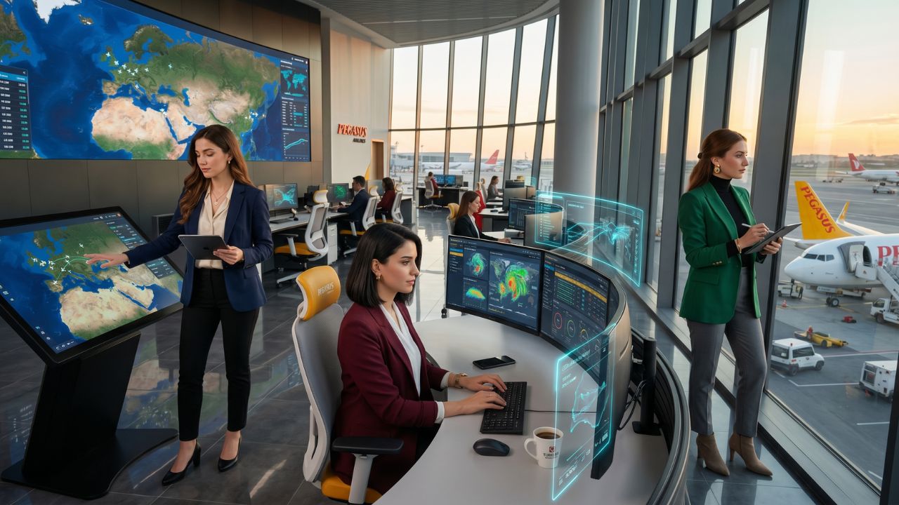 A highly advanced Pegasus Airlines flight deck featuring pilots utilizing natural language AI screens to predict weather patterns and prevent travel chaos before it occurs