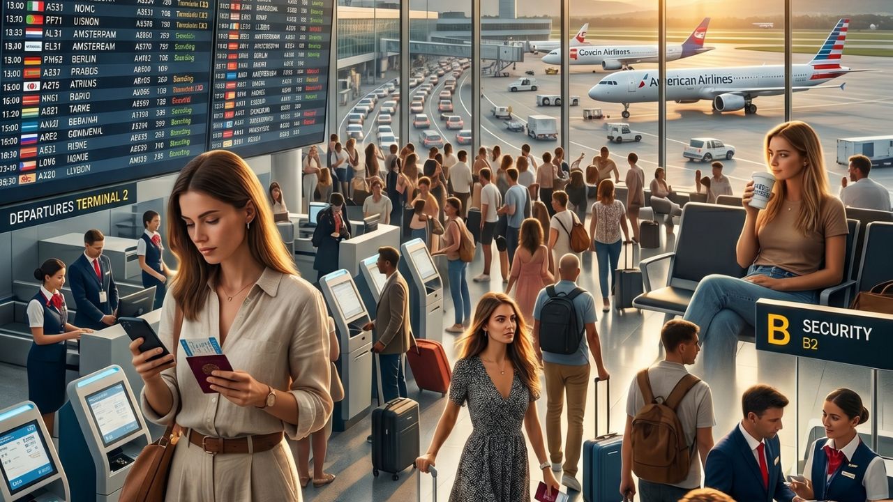 Modern glass terminal at Václav Havel Airport Prague showing passengers walking towards departures at sunrise