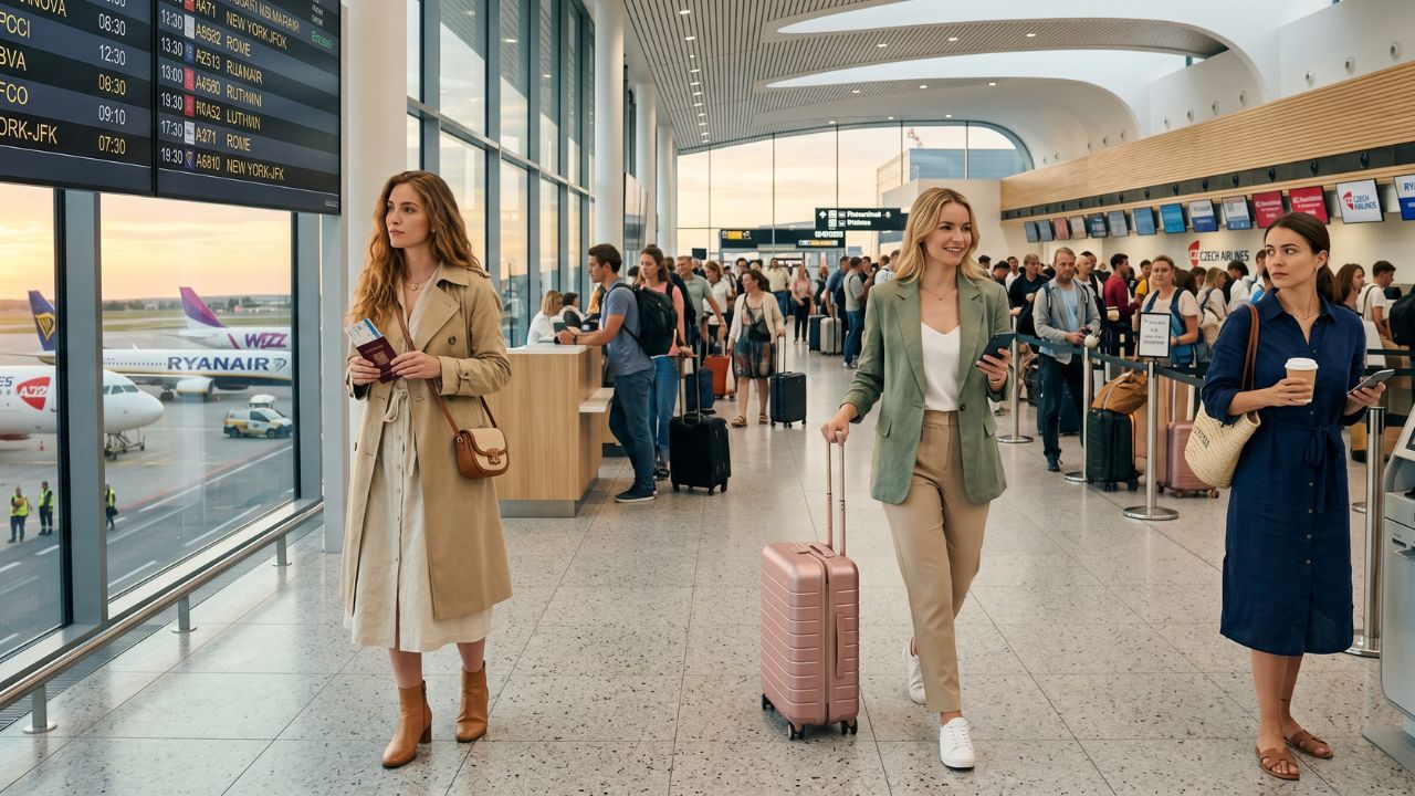 A highly congested departures hall at Prague Airport filled with stranded passengers reacting to massive flight cancellations and severe travel chaos on the departure boards