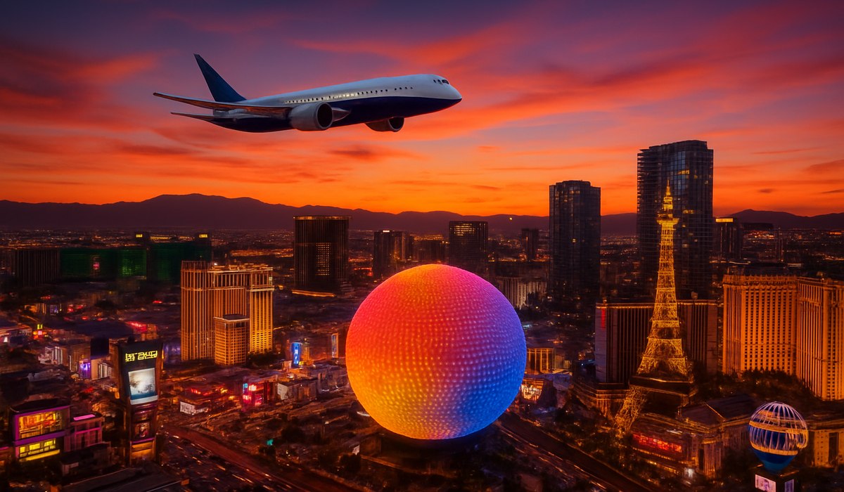 Qantas Boeing 787 Dreamliner on tarmac with Las Vegas Strip skyline in background, 2026