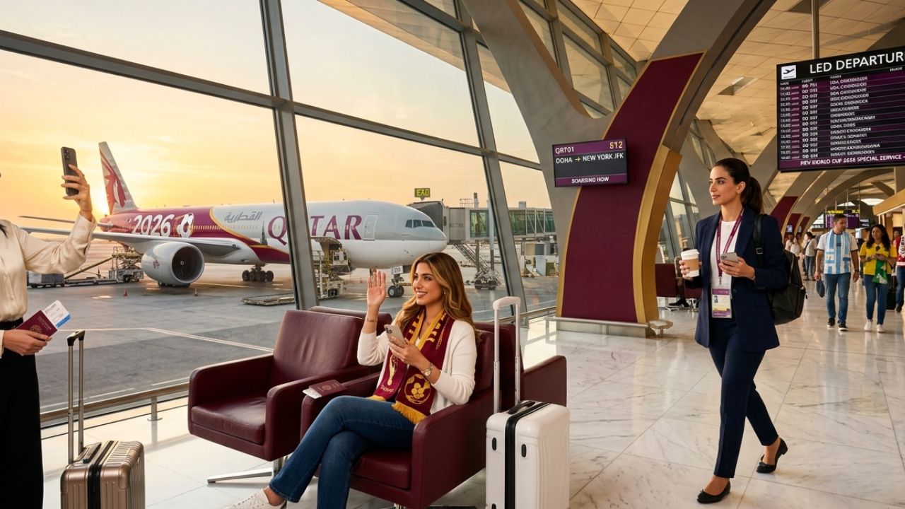 A highly advanced Qatar Airways Boeing 777-300ER in FIFA World Cup 2026 livery, physically bypassing severe global travel chaos through direct sports tourism connectivity