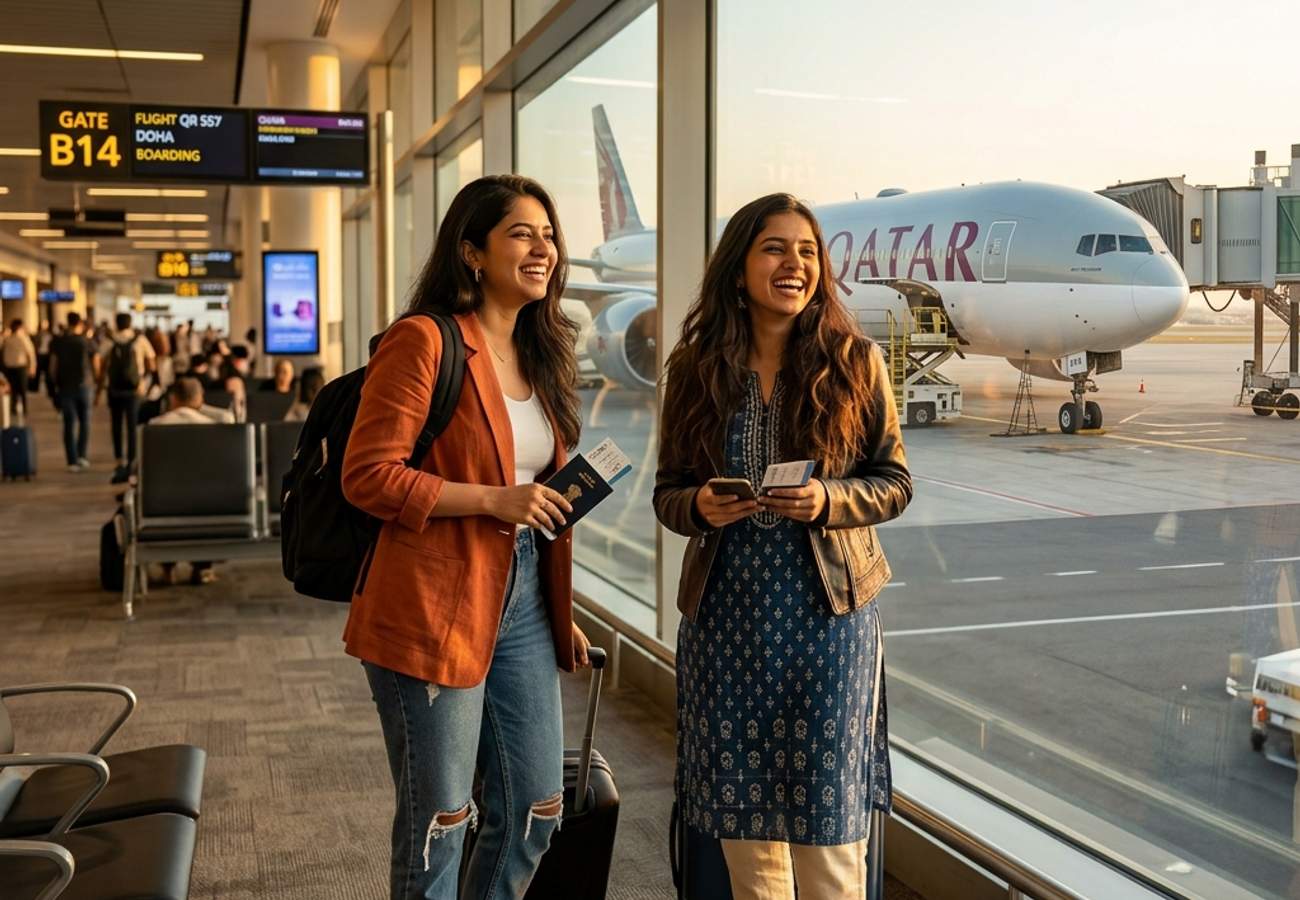 Two beautiful young Indian women travelers at Nagpur airport waiting to board a Qatar Airways flight to Doha, marking the restoration of the international route.