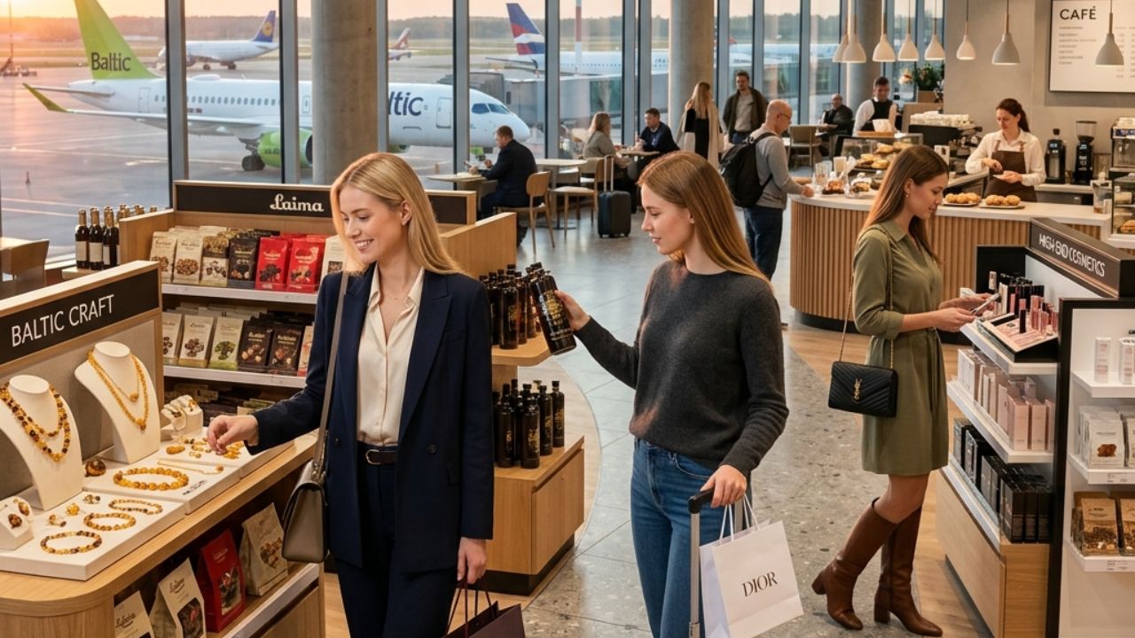 A highly sophisticated rendering of the expansive new duty-free and premium dining zones planned for the 2027 terminal expansion at RIX Riga Airport