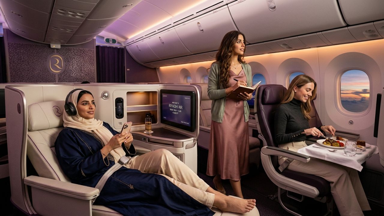 A brand-new Riyadh Air Boeing 787-9 Dreamliner departing King Khalid International Airport bound for London, successfully shielding passengers from travel chaos and airport disruptions